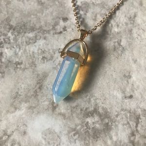 Quartz pendulum gold necklace w crescent moon